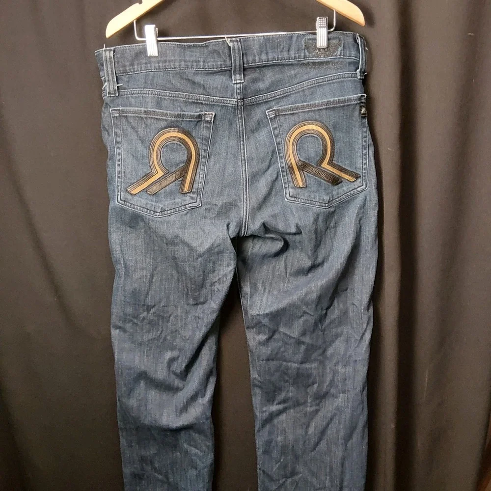 Rock & Republic Mens 38 Blue Jeans Y2K Leather Embroidery Button Fly Heel Drag